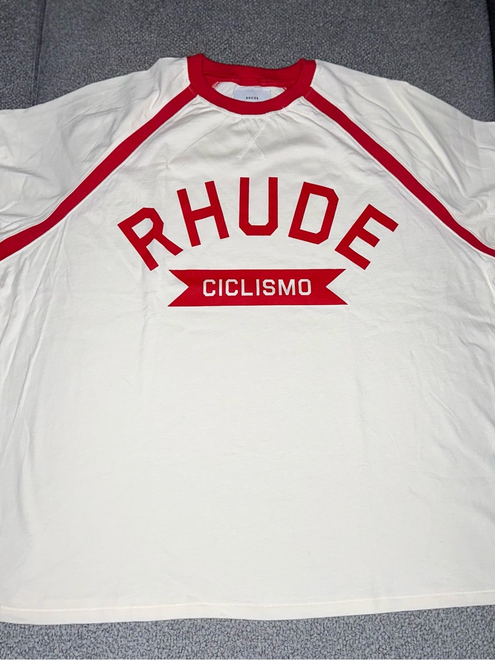 Rhude White Tee Ciclismo with Red Raglan Accents